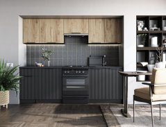 Kuchyňská linka EMMA 240 korpus: dark carbon dřevo, přední barva: dub artisan, černá