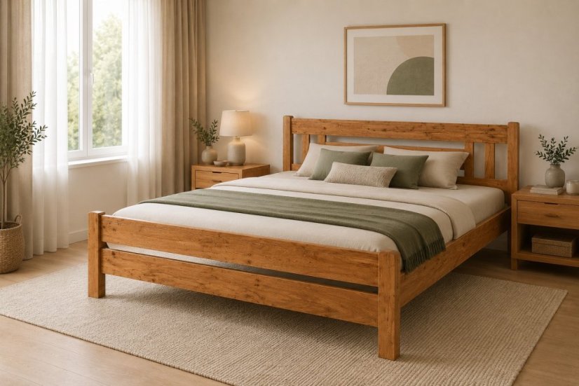 Manželská postel PETRA 2 180x200cm s nízkým čelem u noh , materiál: dub přírodní + 180x200cm rošt smrkový