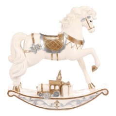 Dekorace Koník houpací - polyresin, s dárkem, krémovo-zlatý (AL1718-L)