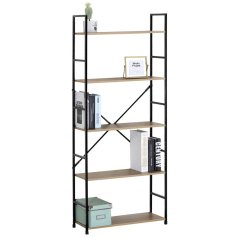 Regál, 5 polic, dekor dub, MDF, černý lak (GD-225 OAK)