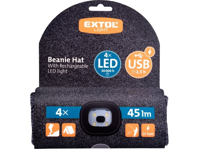 Čepice s LED světlem 43462 4x45 lm, USB nabíjení, šedá, černá, univerzální velikost
