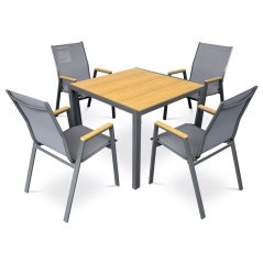 Zahradní stůl 90x90x73, deska polywood v dekoru dubu, šedá kovová konstrukce (AZT-S1209 OAK)
