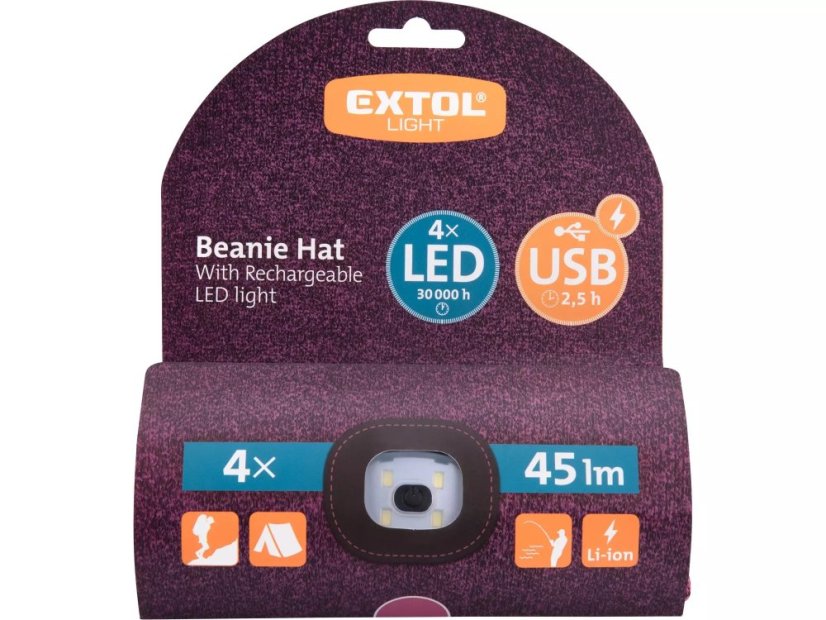 Čepice s LED světlem 43461 4x45 lm, USB nabíjení, fialová, černá, univerzální velikost