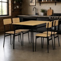 Set moderní jídelní stůl se židlemi  (1+4), MDF dekor divoký dub, čtyřnohá kovová podnož, černý matný lak (AUT-O2155 OAK)