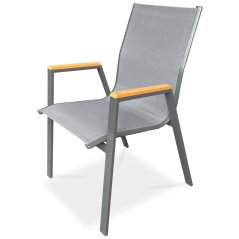 Zahradní židle šedý textilen, šedá kovová konstrukce, područky polywood v dekoru dubu (AZC-S1050 GREY)