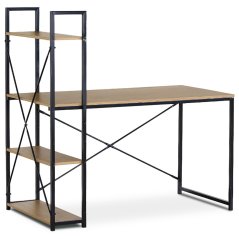 Moderní jídelní stůl psací s regálem, MDF, dekor dub, černý kov (GD-520 OAK)