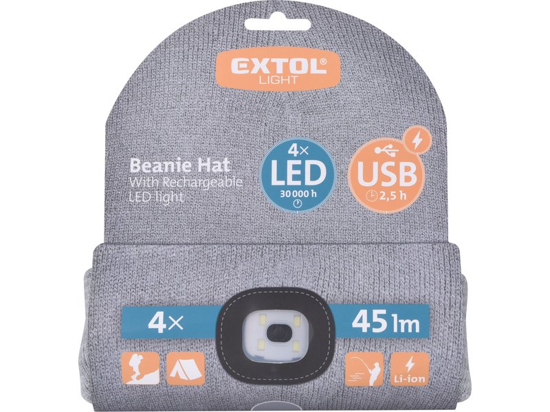 Čepice s čelovkou (43195) 4x45 lm, nabíjecí, USB, šedá, univerzální velikost