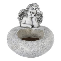 Dekorace Srdce s andělem - pietní obal,  polyresin, barva šedá (ALA3298)