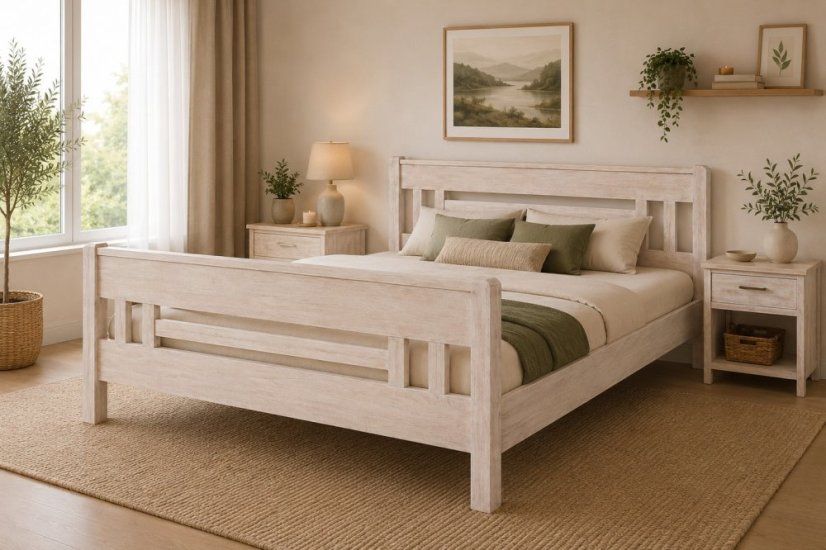 Manželská postel PETRA 2 180x200cm s vysokým čelem u noh , materiál: dub bělený + 180x200cm rošt smrkový