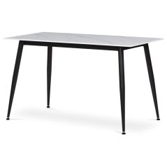 Moderní jídelní stůl 130x70x76 cm, deska slinutý kámen v imitaci matného mramoru, černé kovové nohy (HT-403 m WT)