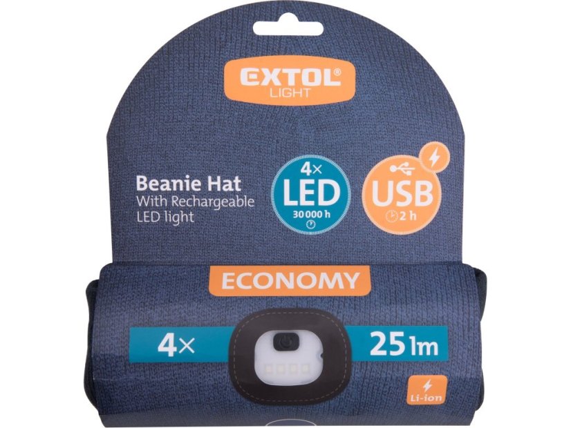 Čepice s LED světlem 43456 4x25 lm, USB nabíjení, tmavě modrá, ECONOMY, univerzální velikost