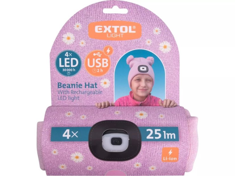 Čepice s LED světlem 43458 4x25 lm, USB nabíjení, růžová se třpytkou a bambulemi, dětská