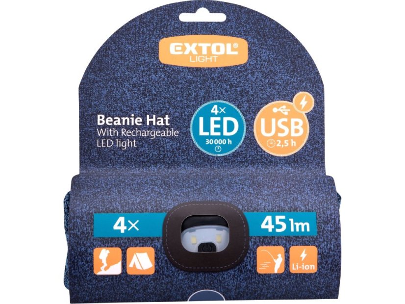 Čepice s LED světlem 43463 4x45 lm, USB nabíjení, modrá, černá, univerzální velikost