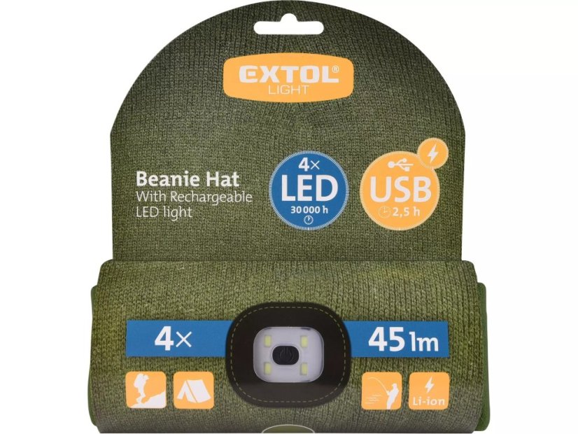 Čepice s čelovkou (43192) 4x45 lm, nabíjecí, USB, zelená, univerzální velikost